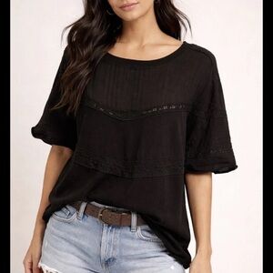 We The Free Black Lace Detail Short Sleeve Tee